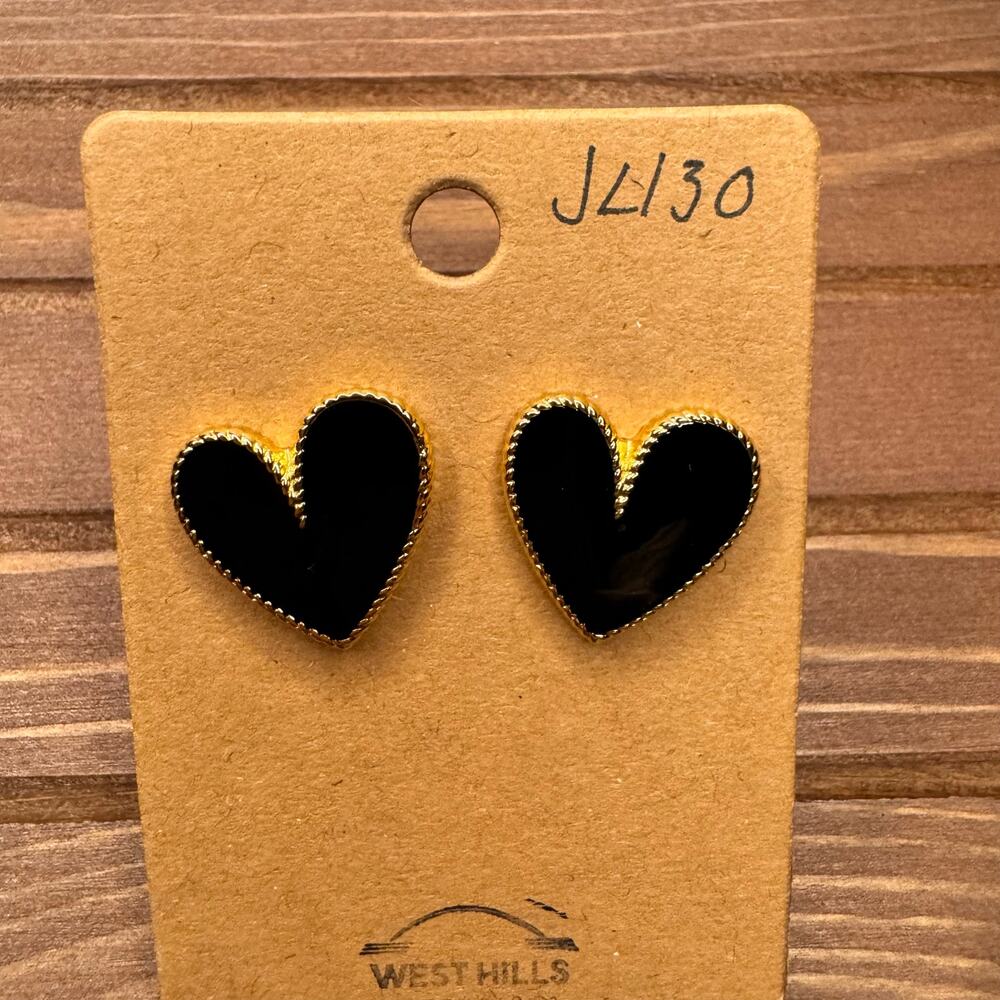 Black Heart Earrings Black Post Earrings Gold Accents Black Accessories